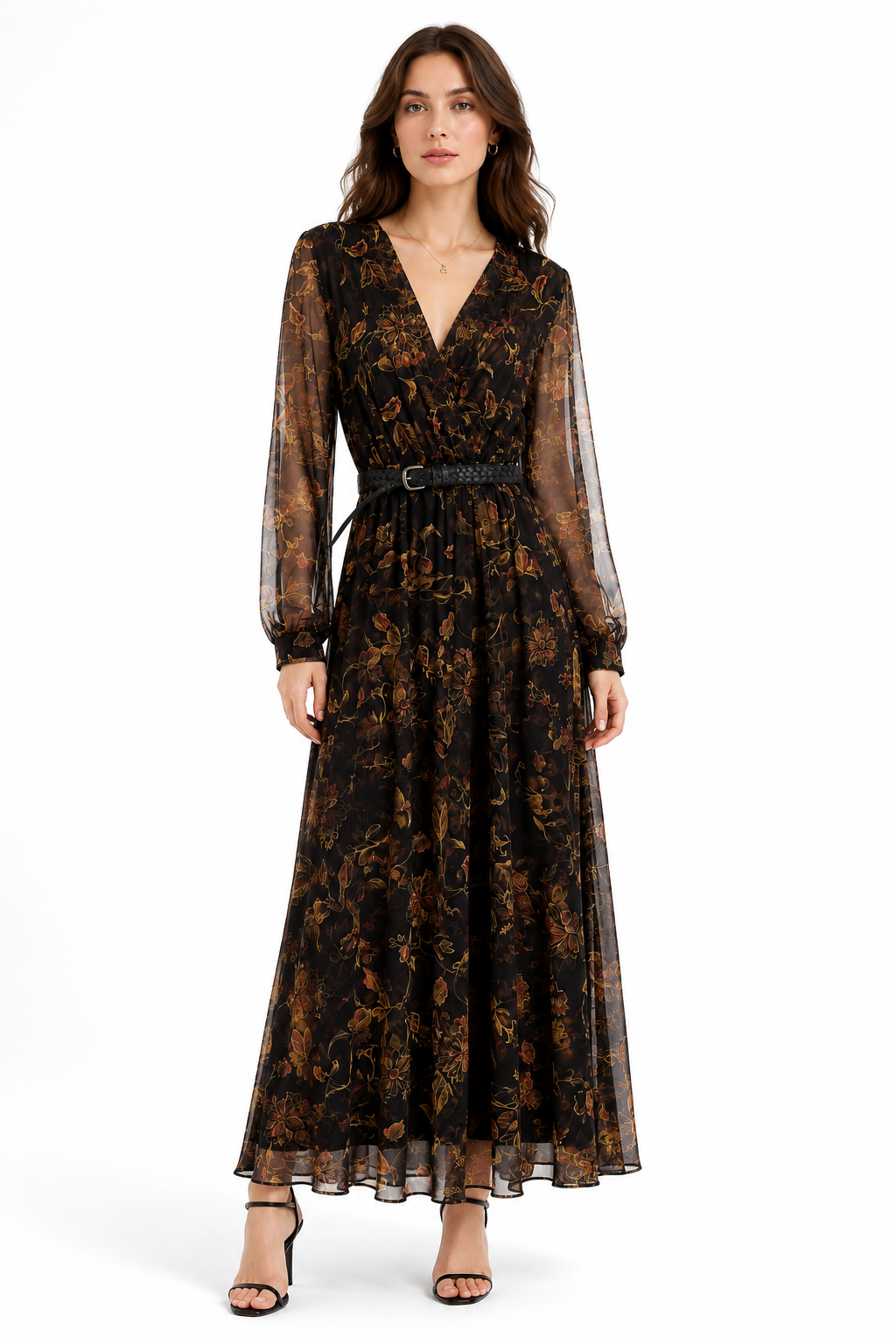Abito Lungo in Chiffon Floreale Scuro con Cintura