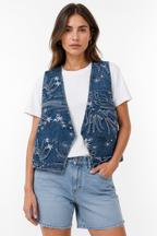 Gilet in Denim Ricamato con Ricamo e Appliqué