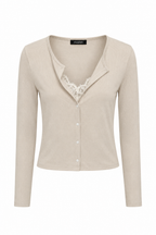 Cardigan Corto in Maglia a Costine con Bordo in Pizzo