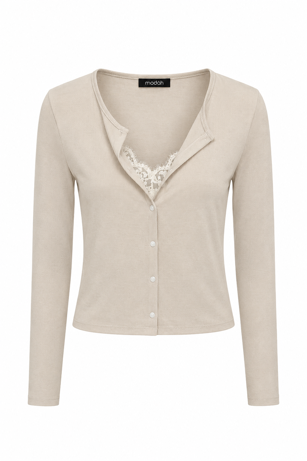 Cardigan Corto in Maglia a Costine con Bordo in Pizzo