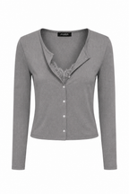Cardigan Corto in Maglia a Costine con Bordo in Pizzo