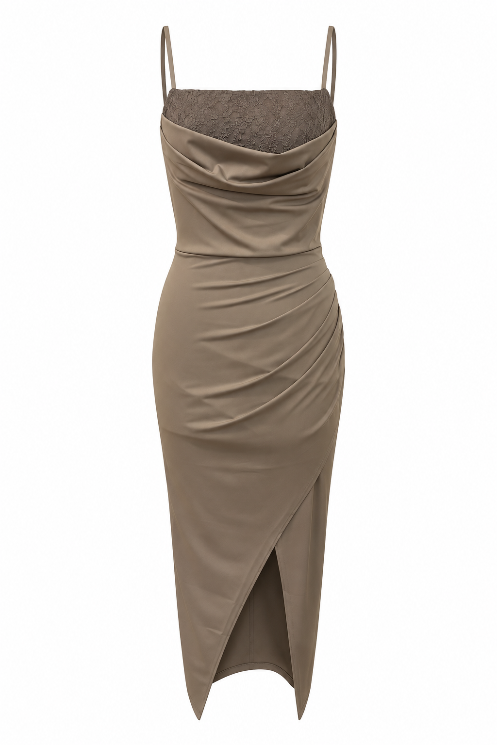 Abito Midi Drappeggiato in Jersey Grigio-Marrone con Corpetto in Pizzo