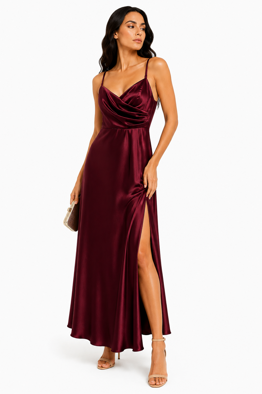 Elegante Abito Lungo Drappeggiato in Raso Bordeaux