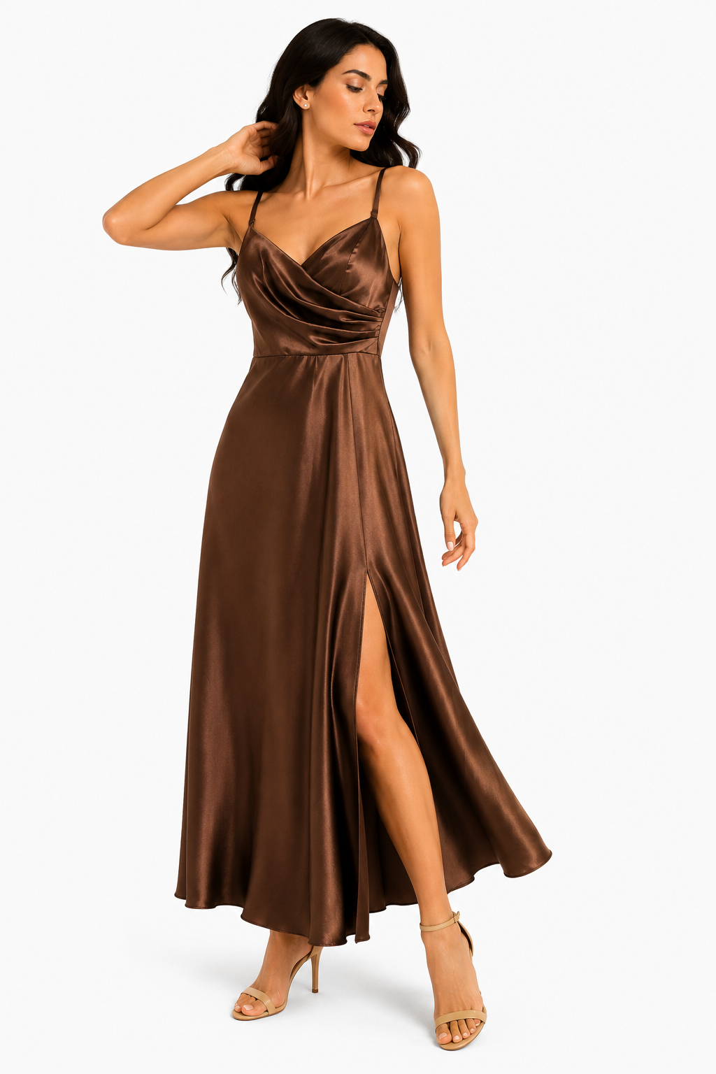 Elegante Abito Lungo Drappeggiato in Raso Bordeaux