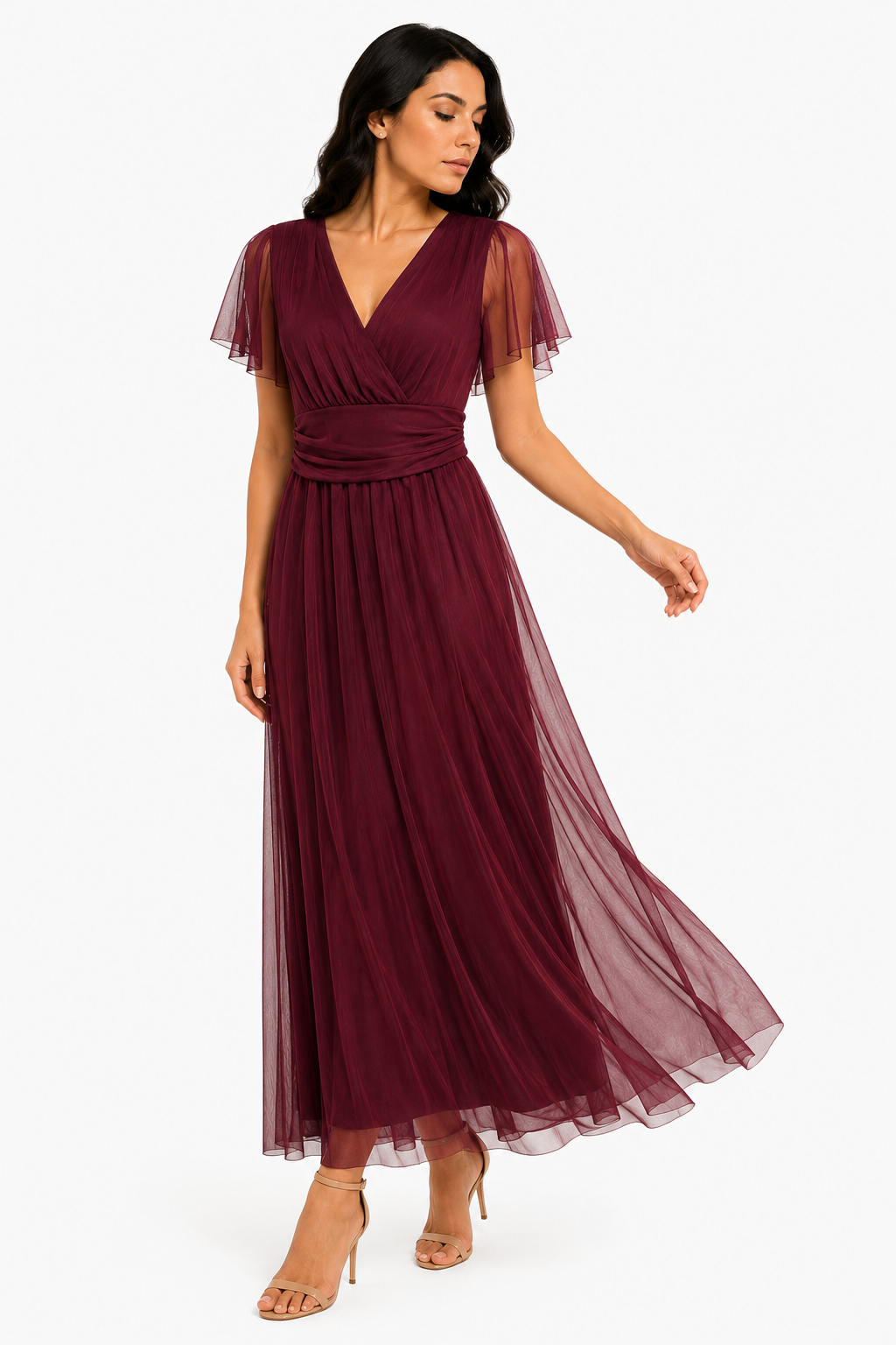 Elegante Abito Lungo in Tulle con Scollo a V