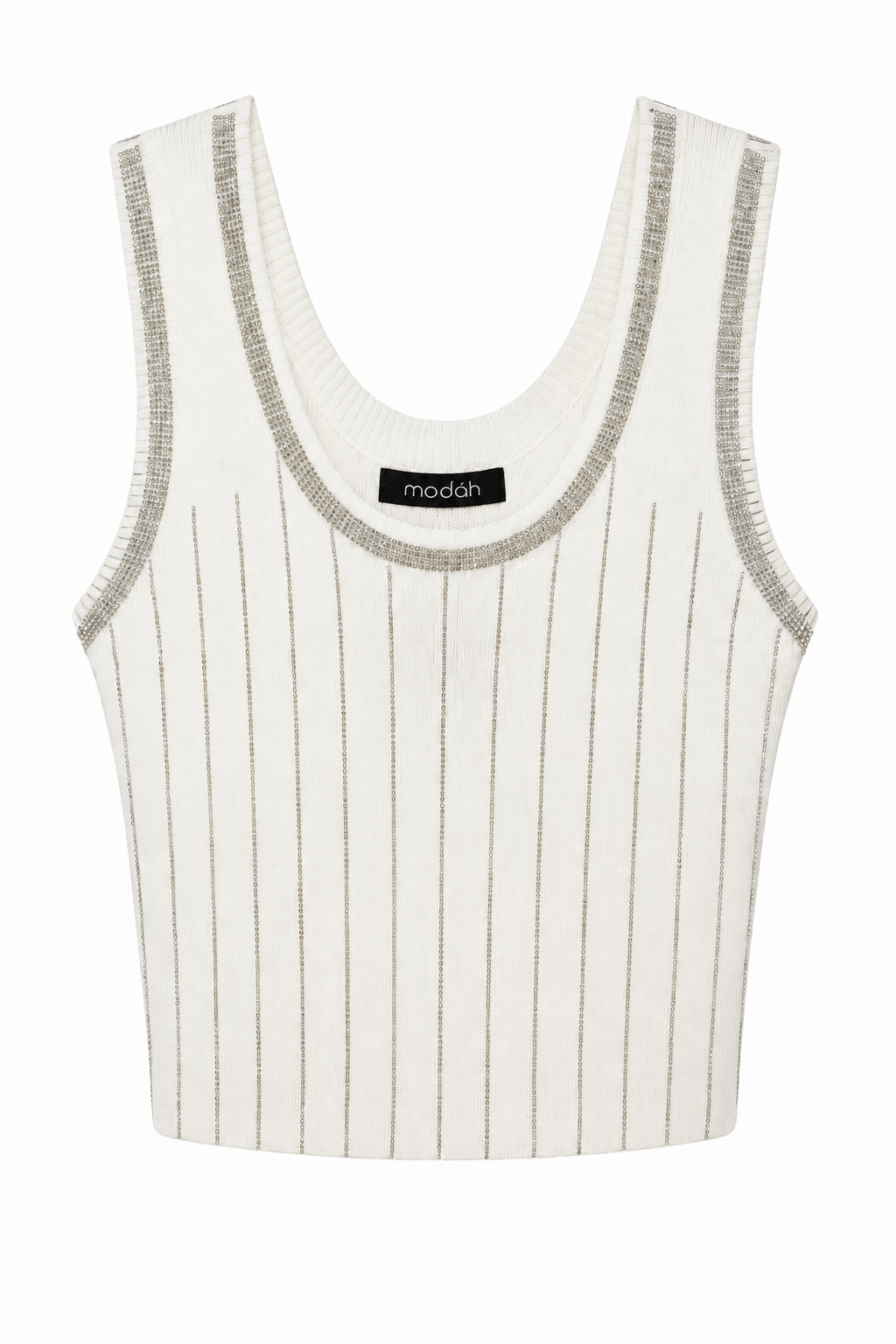 Top Canotta in Maglia a Costine con Righe di Strass