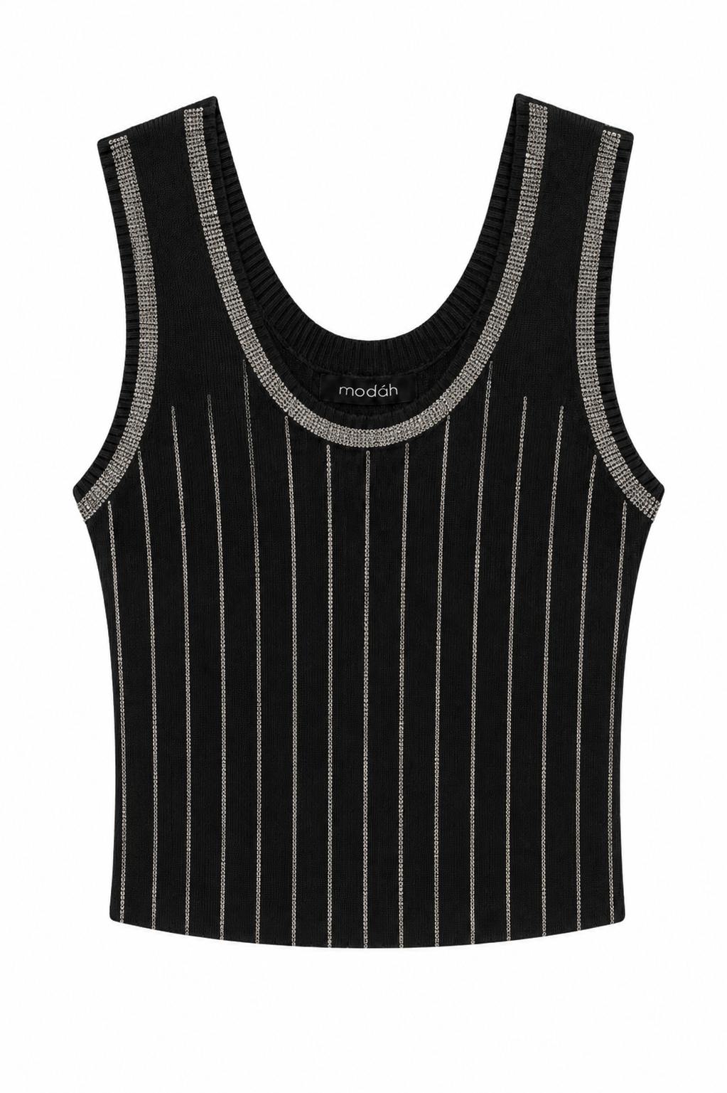 Top Canotta in Maglia a Costine con Righe di Strass