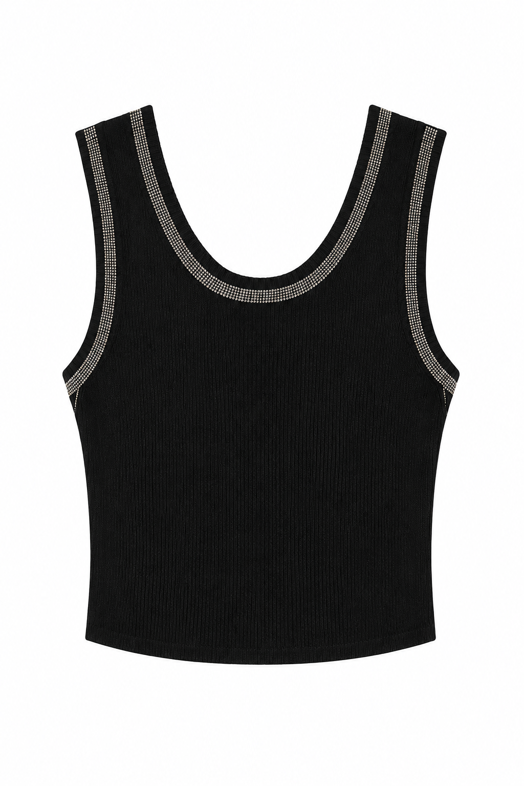 Top Canotta in Maglia a Costine con Righe di Strass