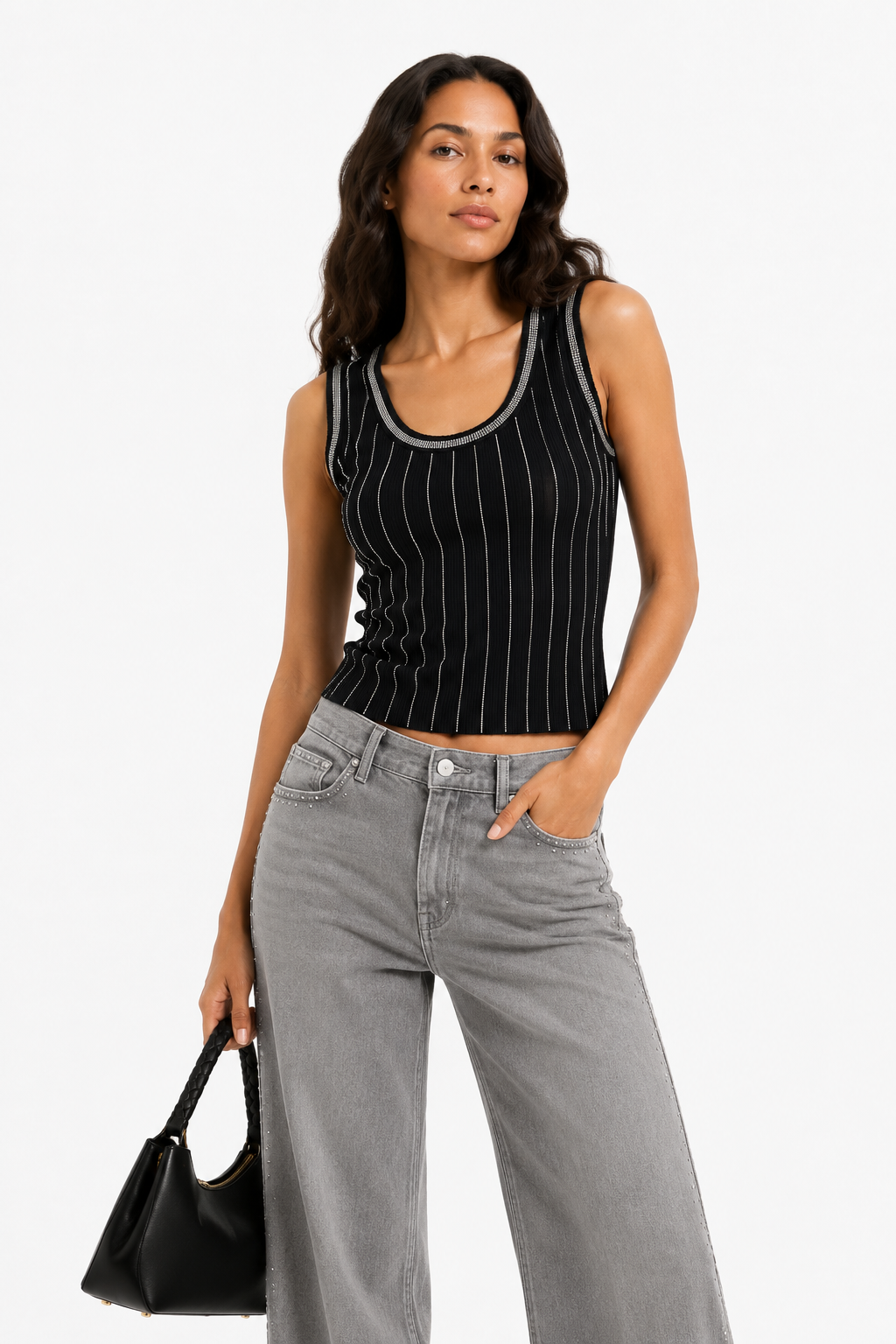 Top Canotta in Maglia a Costine con Righe di Strass