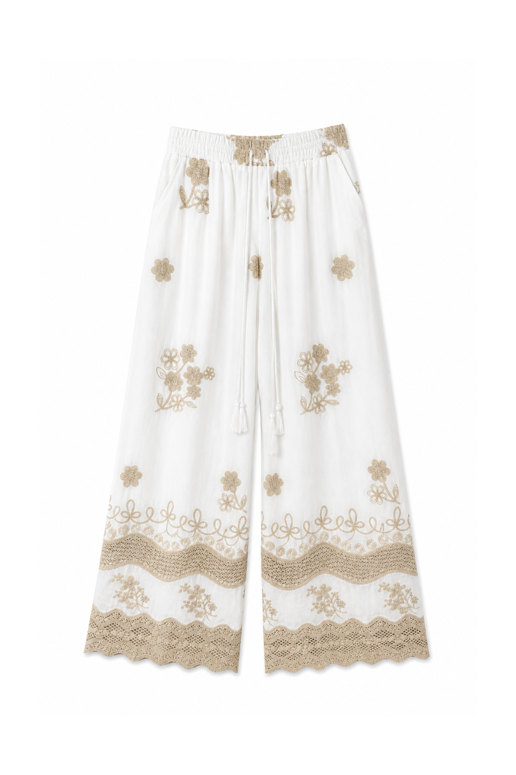 Pantalone Palazzo Bianco con Ricami e Crochet