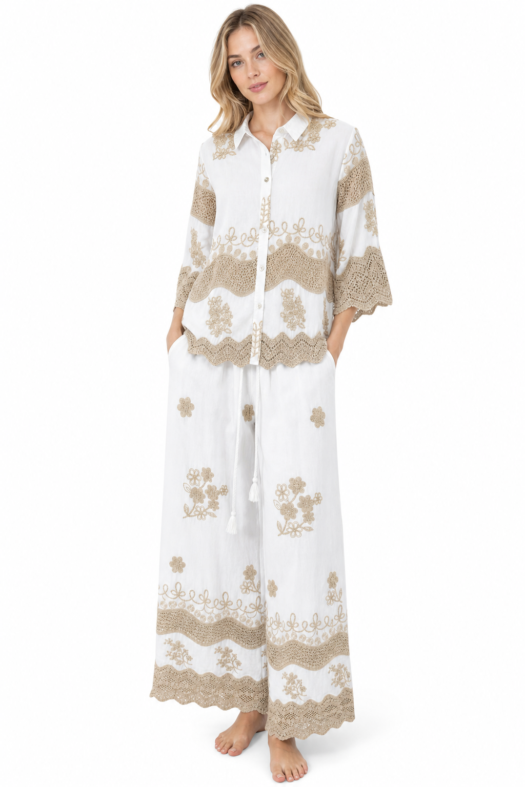 Pantalone Palazzo Bianco con Ricami e Crochet