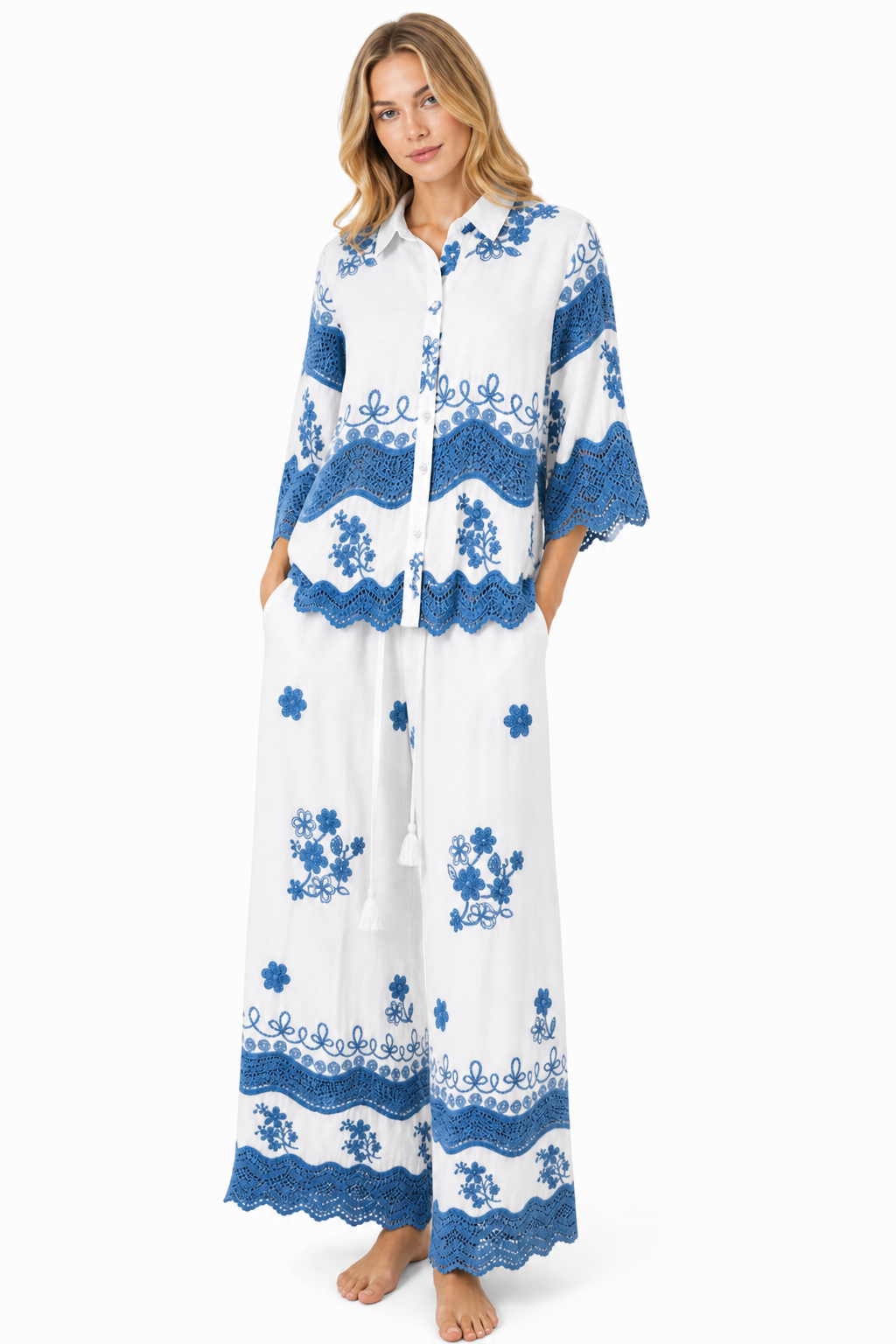 Pantalone Palazzo Bianco con Ricami e Crochet