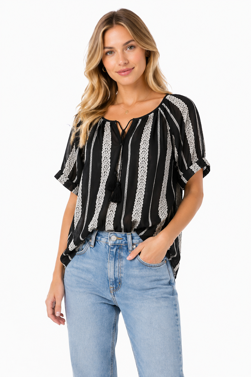 Blusa Boho-Chic a Righe e Ricami con Nappine