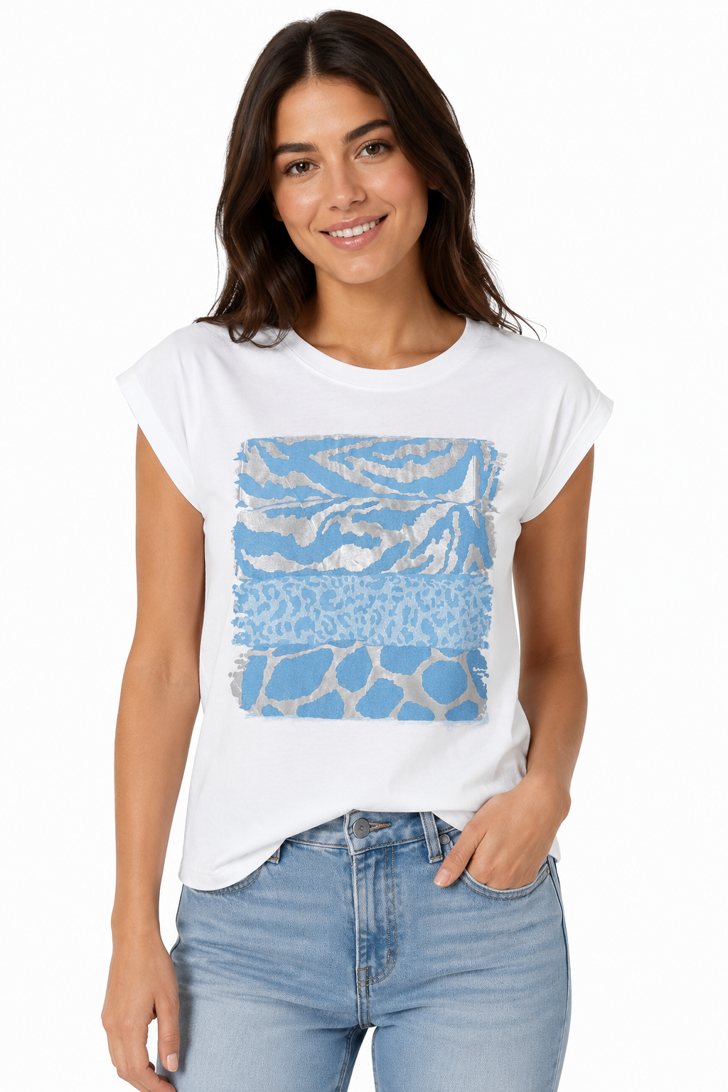 T-shirt con Mix di Stampe Animalier e Foil Argento