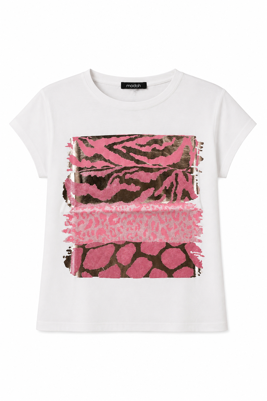 T-shirt con Mix di Stampe Animalier e Foil Argento