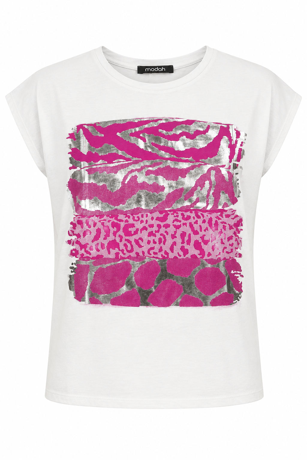 T-shirt con Mix di Stampe Animalier e Foil Argento