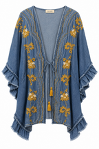 Kimono in Denim con Ricami Floreali Senape e Volant Boho