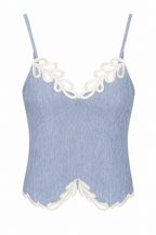 Crop Top in Denim Leggero con Ricami in Pizzo Macramè