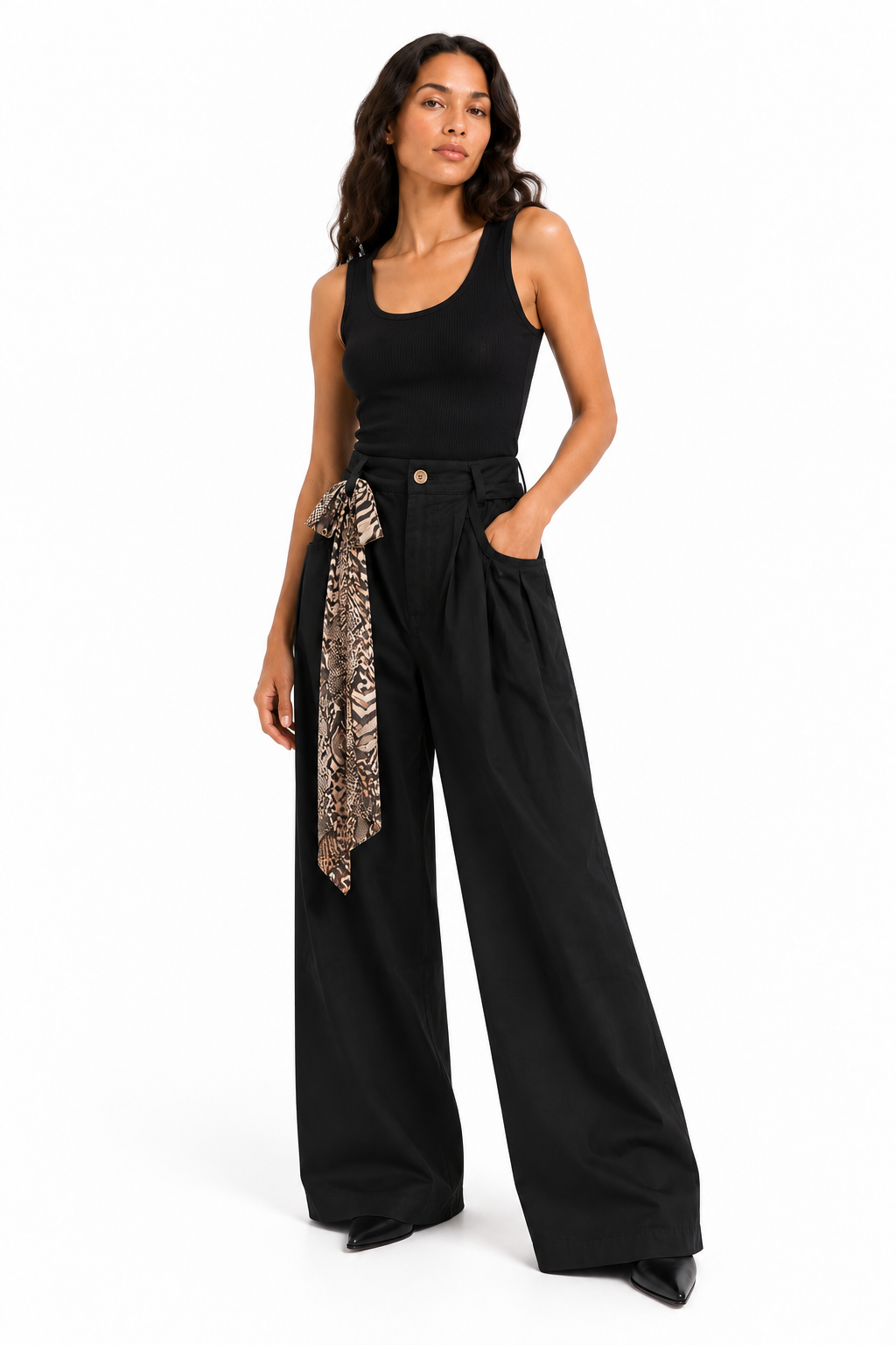 Pantaloni Palazzo Neri con Foulard Animalier