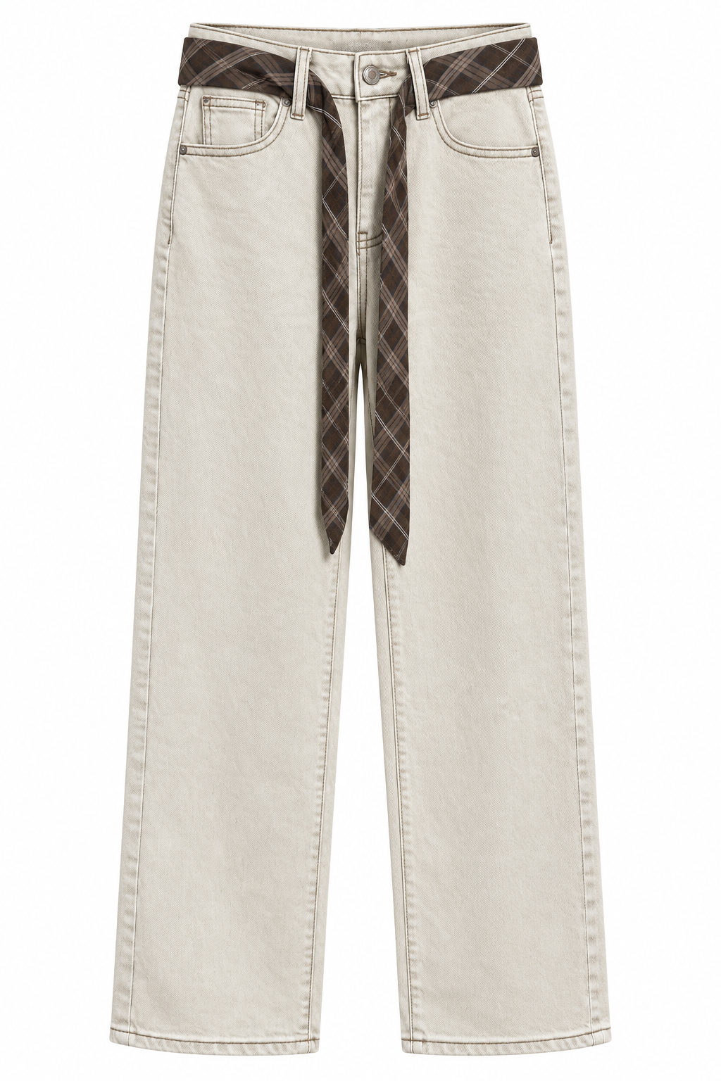 Jeans Ecrù con Cintura a Scacchi Marrone