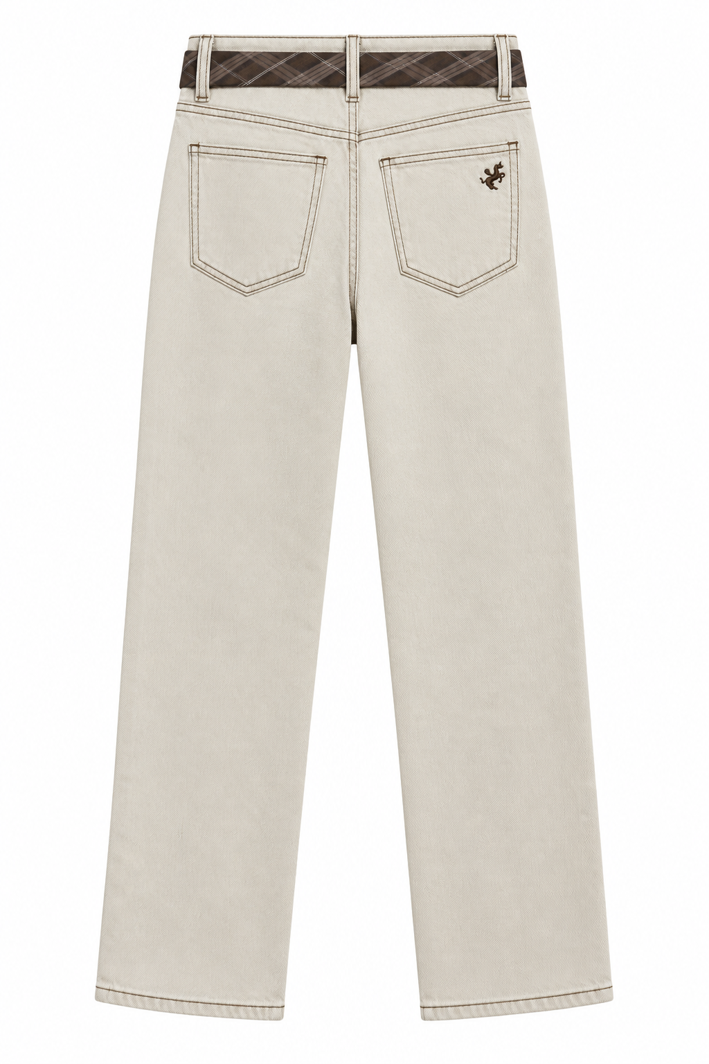 Jeans Ecrù con Cintura a Scacchi Marrone