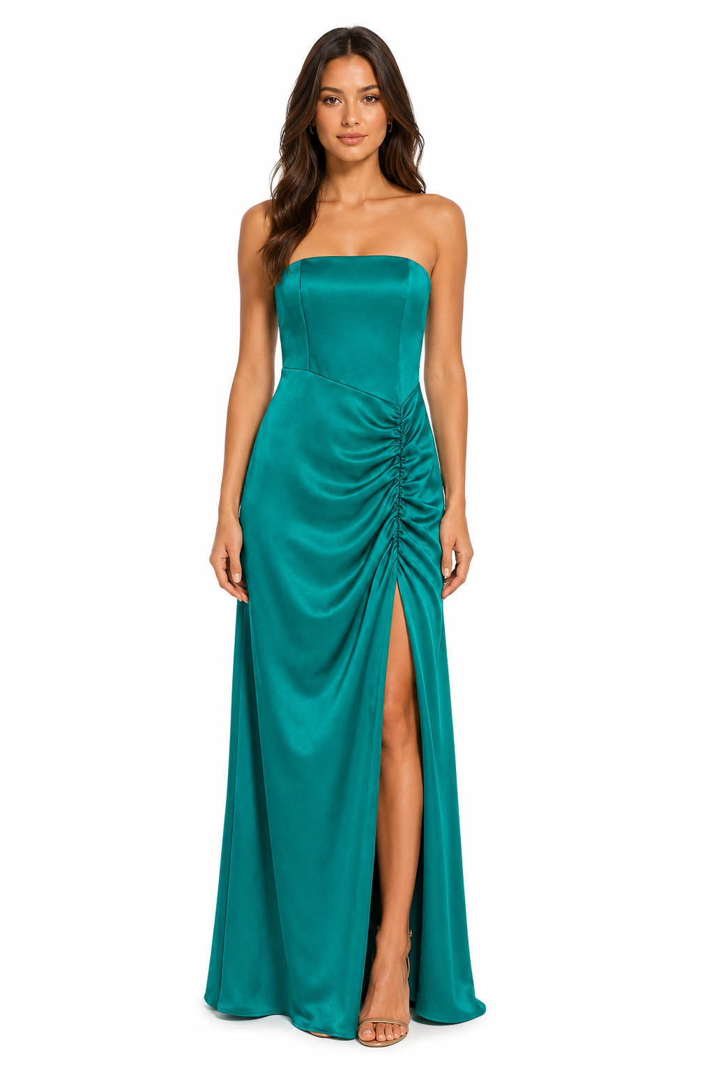 Abito Lungo Strapless Satinato con Arricciatura Drapé
