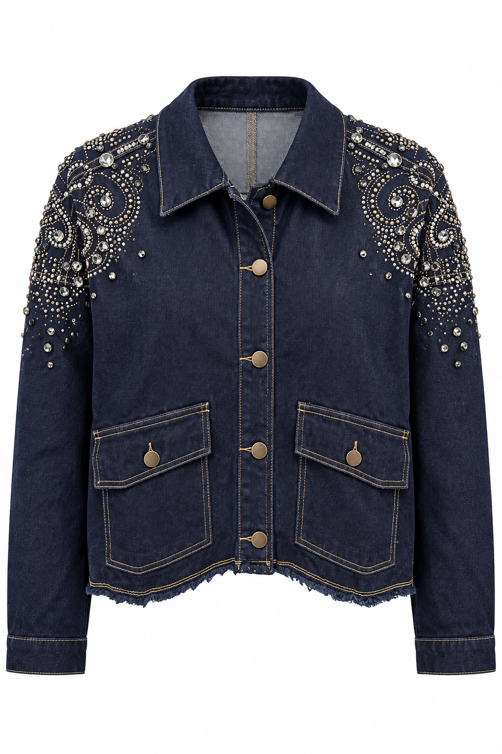 Giacca in Denim Indaco con Dettagli Gioiello Sulle Spalle