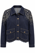 Giacca in Denim Indaco con Dettagli Gioiello Sulle Spalle