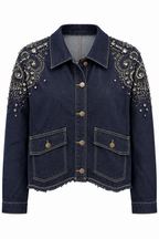 Giacca in Denim Indaco con Dettagli Gioiello Sulle Spalle