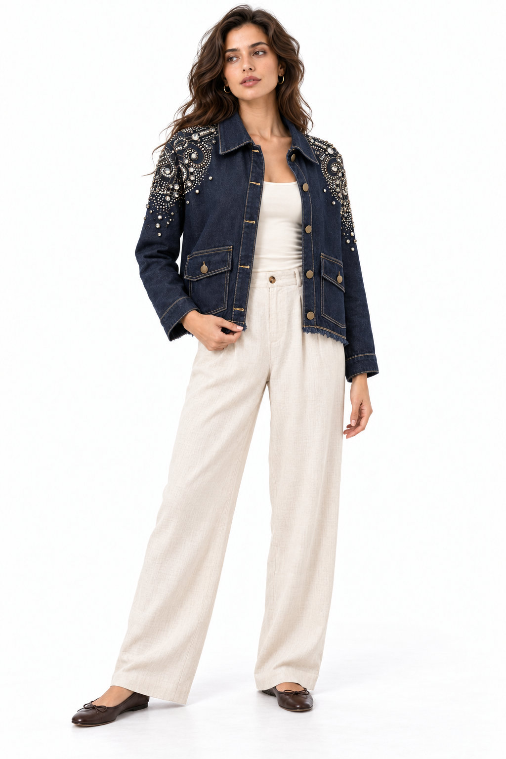 Giacca in Denim Indaco con Dettagli Gioiello Sulle Spalle