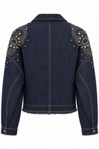 Giacca in Denim Indaco con Dettagli Gioiello Sulle Spalle