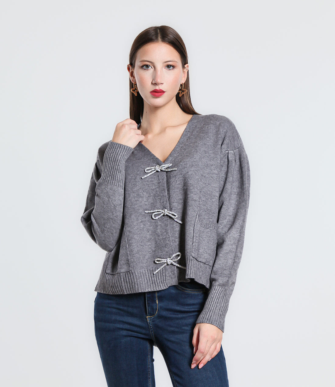 CARDIGAN BOTTONE FIOCCO STRASS SM GRIGIO