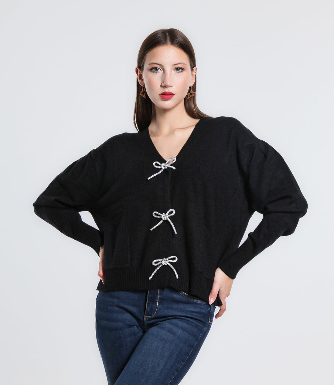 CARDIGAN BOTTONE FIOCCO STRASS SM NERO