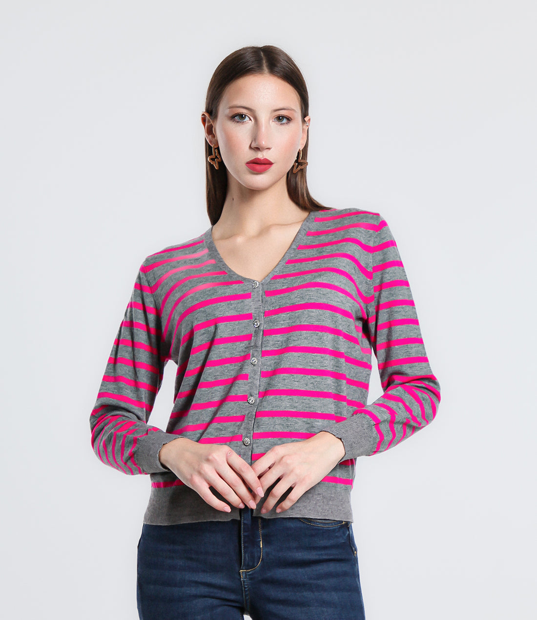 CARDIGAN RIGA SM GRIGIO/FUCSIA