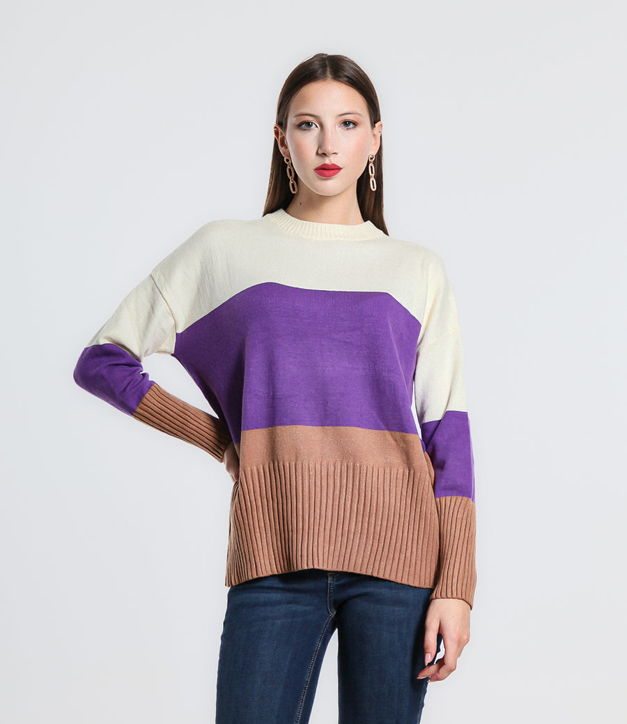 MAGLIONE RIGA SM PANNA/VIOLA/CAMEL