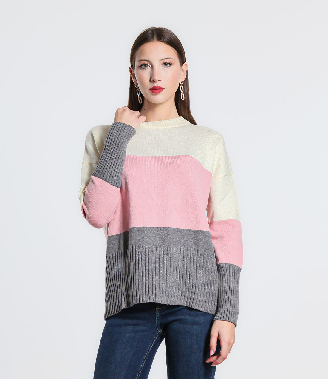 MAGLIONE RIGA SM PANNA/ROSA/GRIGIO