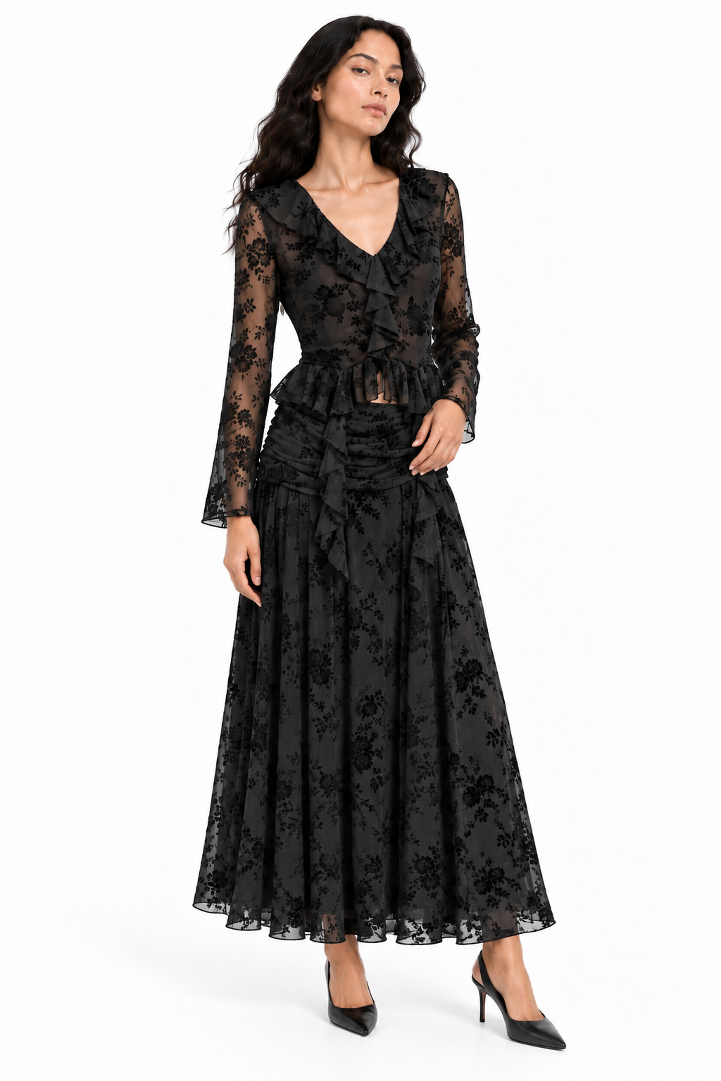 Gonna Longuette Nera con Motivo Floreale Floccato e Drappeggio