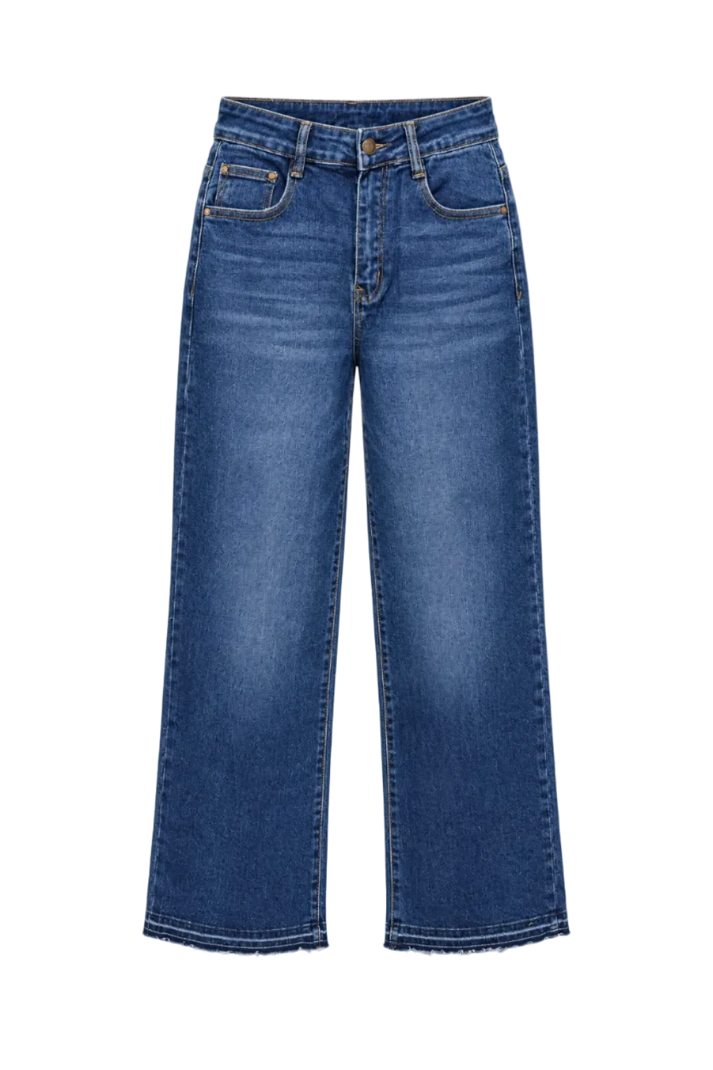 Jeans Wide Leg Blu Medio a Vita Alta con Orlo Sfilacciato