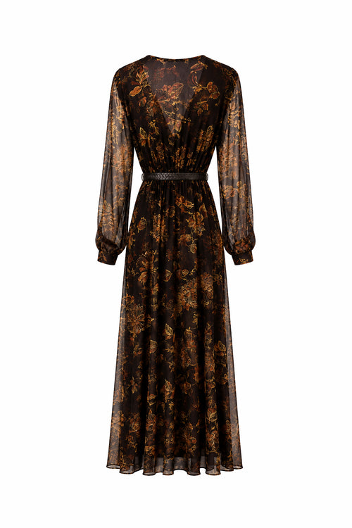 Abito Lungo in Chiffon Floreale Scuro con Cintura