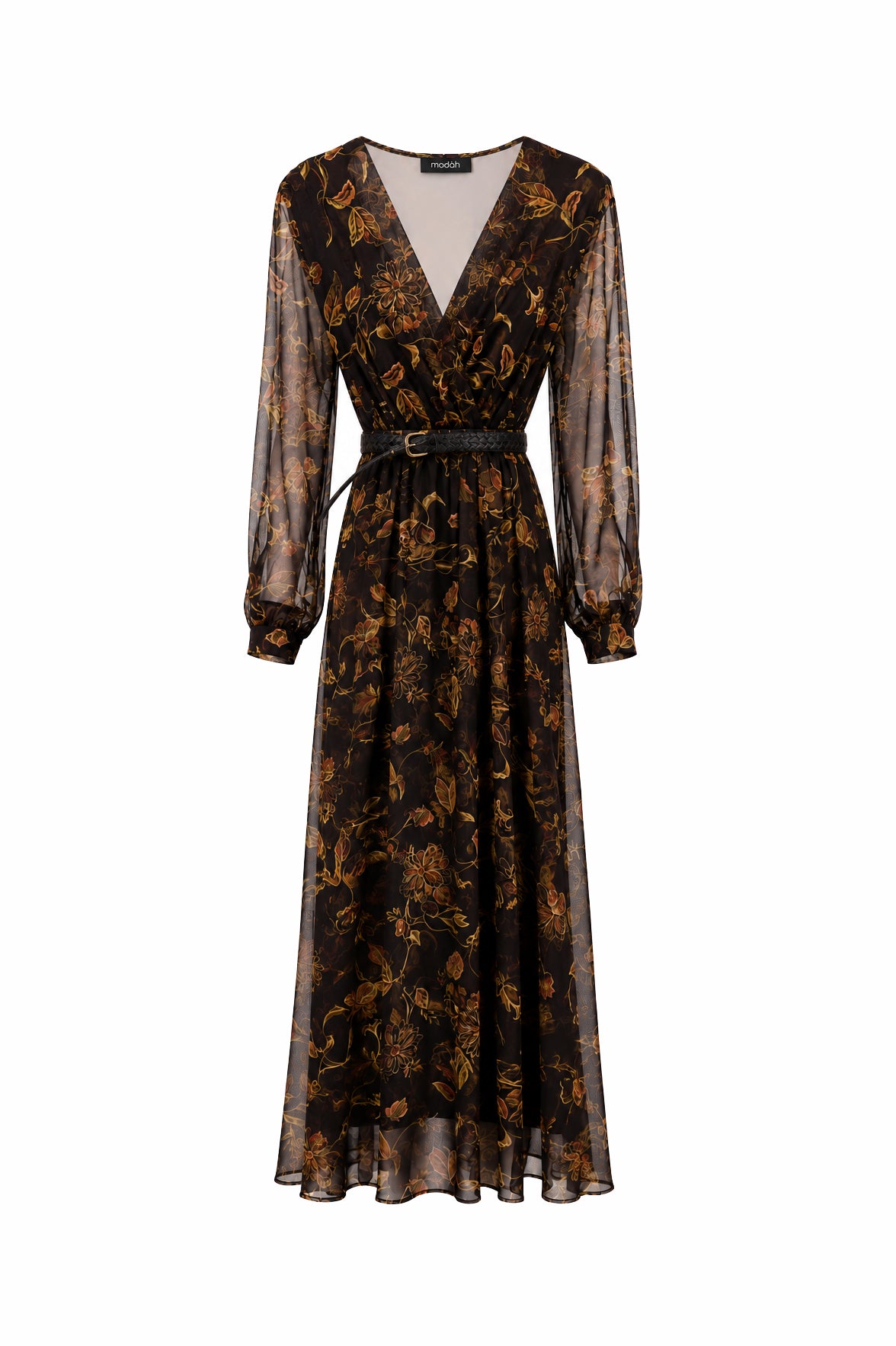 Abito Lungo in Chiffon Floreale Scuro con Cintura