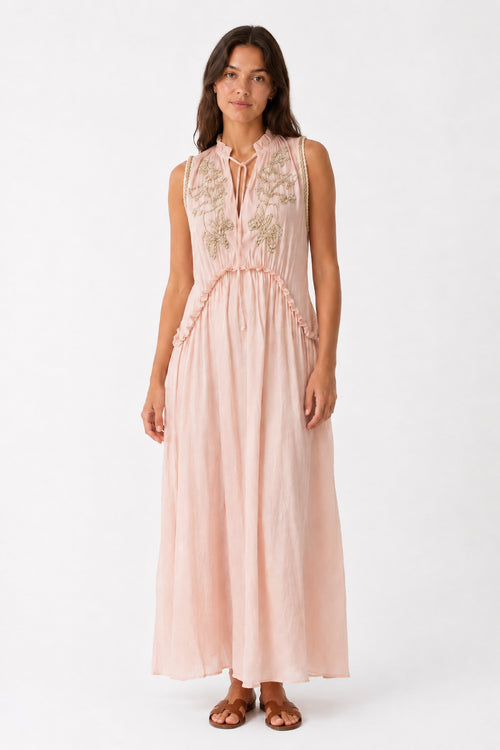 Abito Lungo Boho-Chic con Ricami Rosa