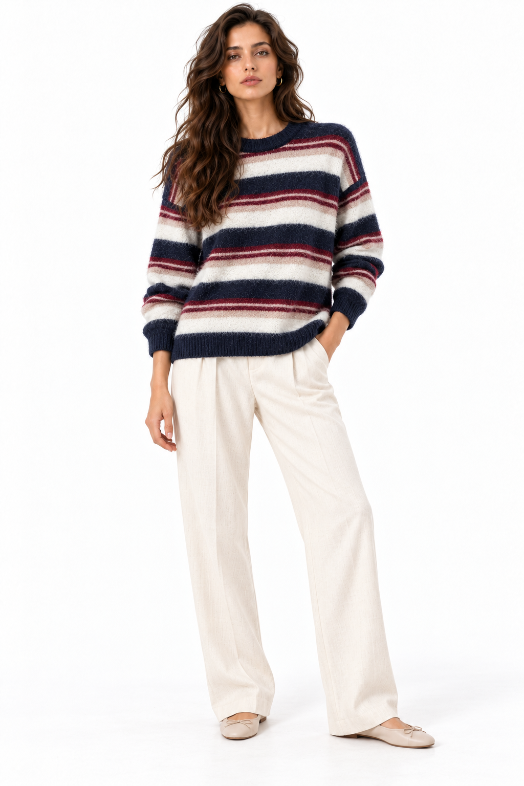 Pullover Girocollo Soffice a Righe Multicolore Blu navy