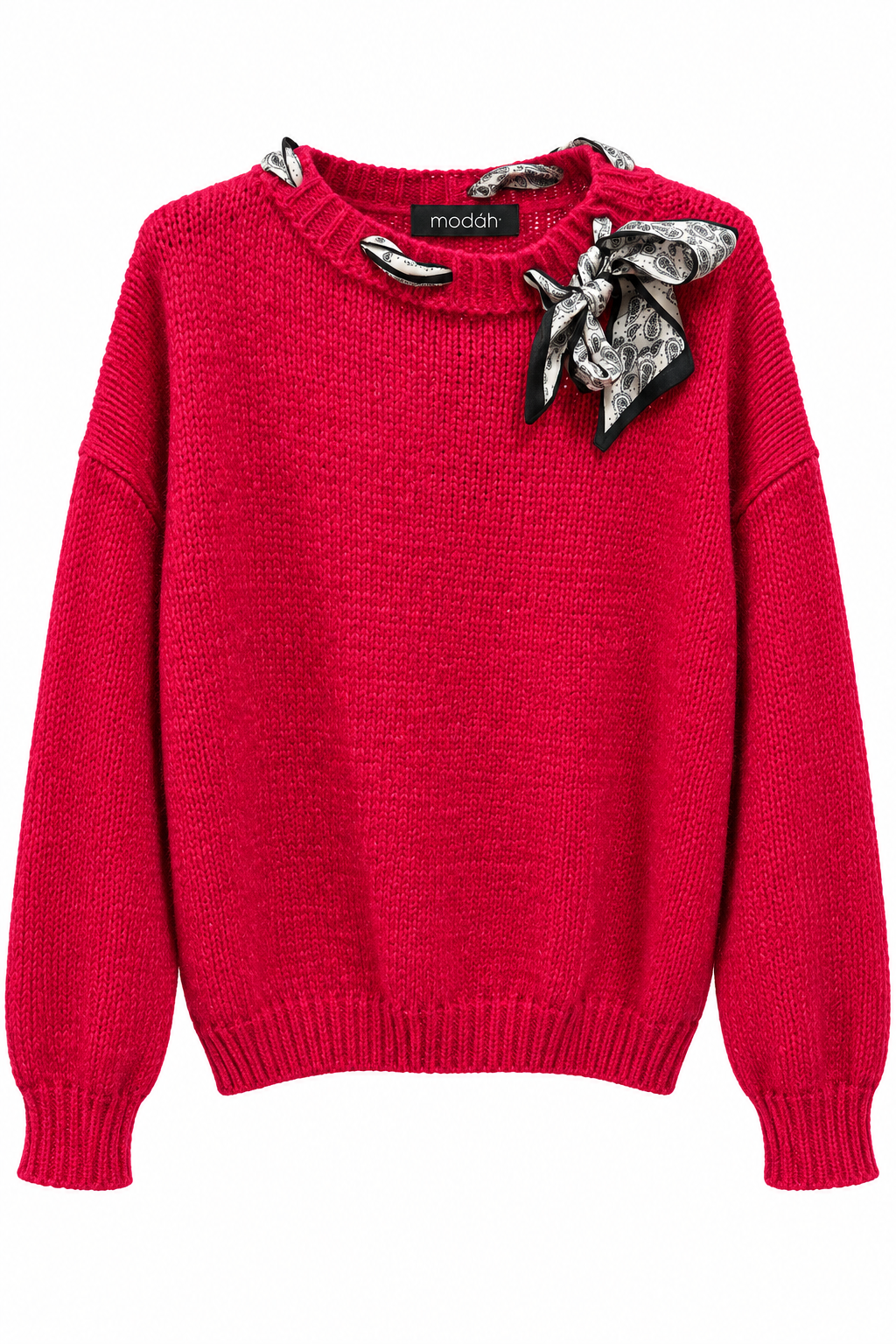 Maglione Girocollo Grigio con Foulard Paisley Integrato