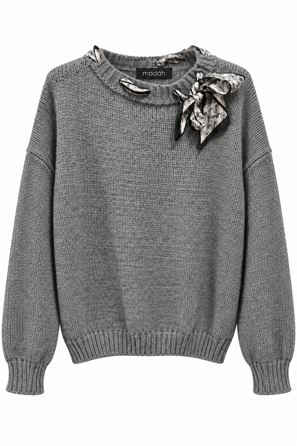 Maglione Girocollo Grigio con Foulard Paisley Integrato