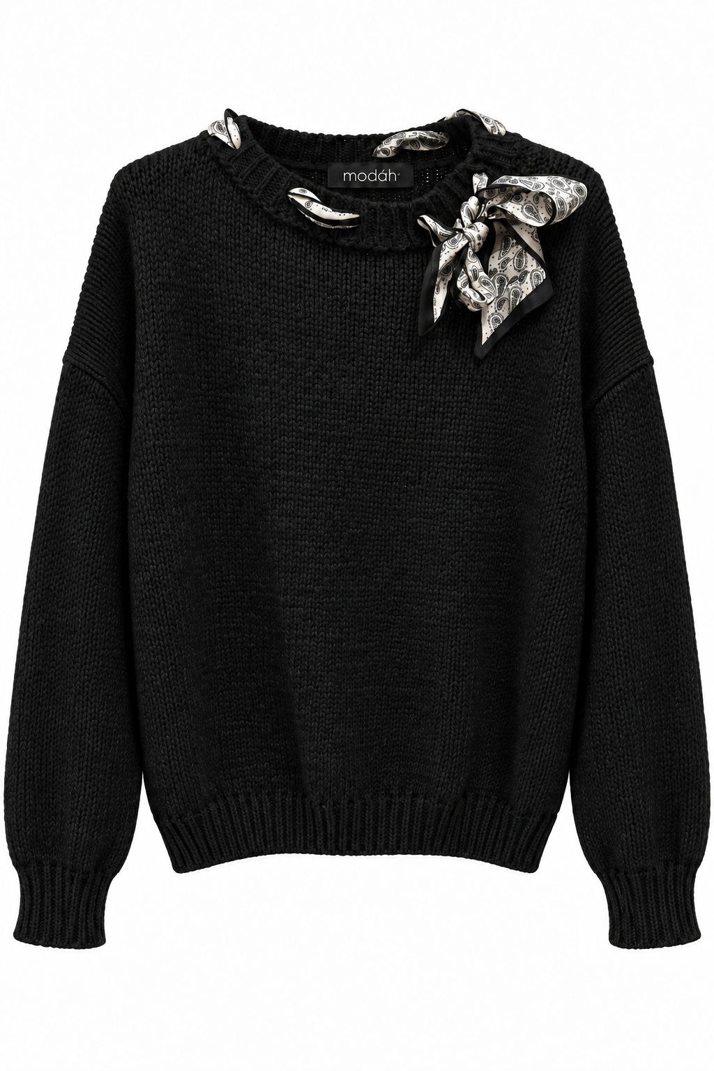 Maglione Girocollo Grigio con Foulard Paisley Integrato