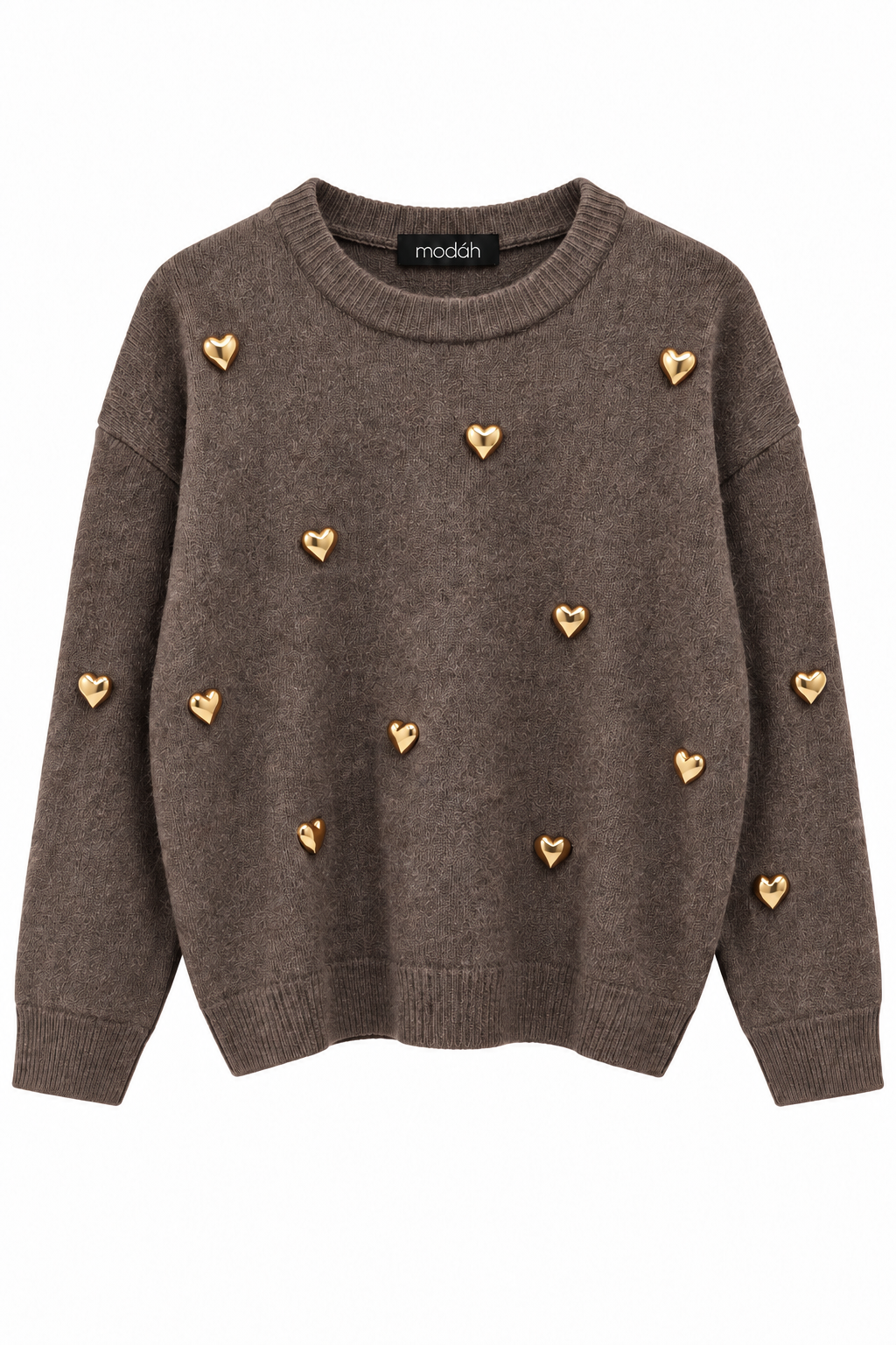 Maglione Girocollo con Cuori Dorati Applicati