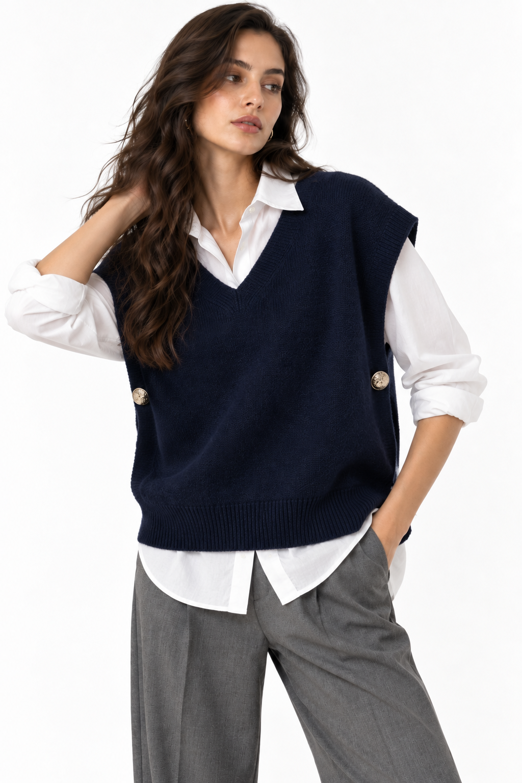 Gilet in Maglia Scollo a V con Bottoni Laterali
