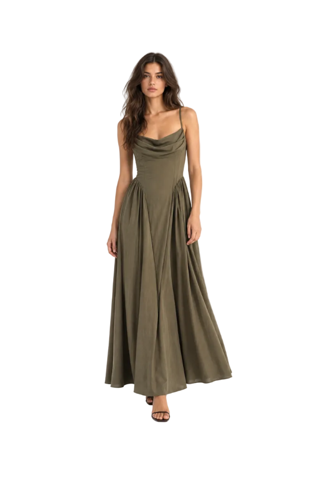 Abito Lungo Elegante Drappeggiato con Corsetto Militare