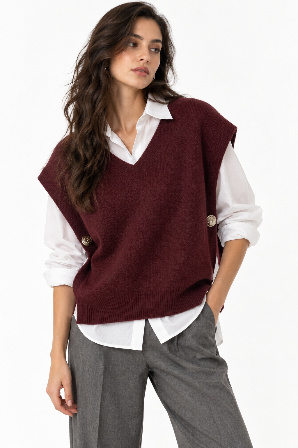 Gilet in Maglia Scollo a V con Bottoni Laterali