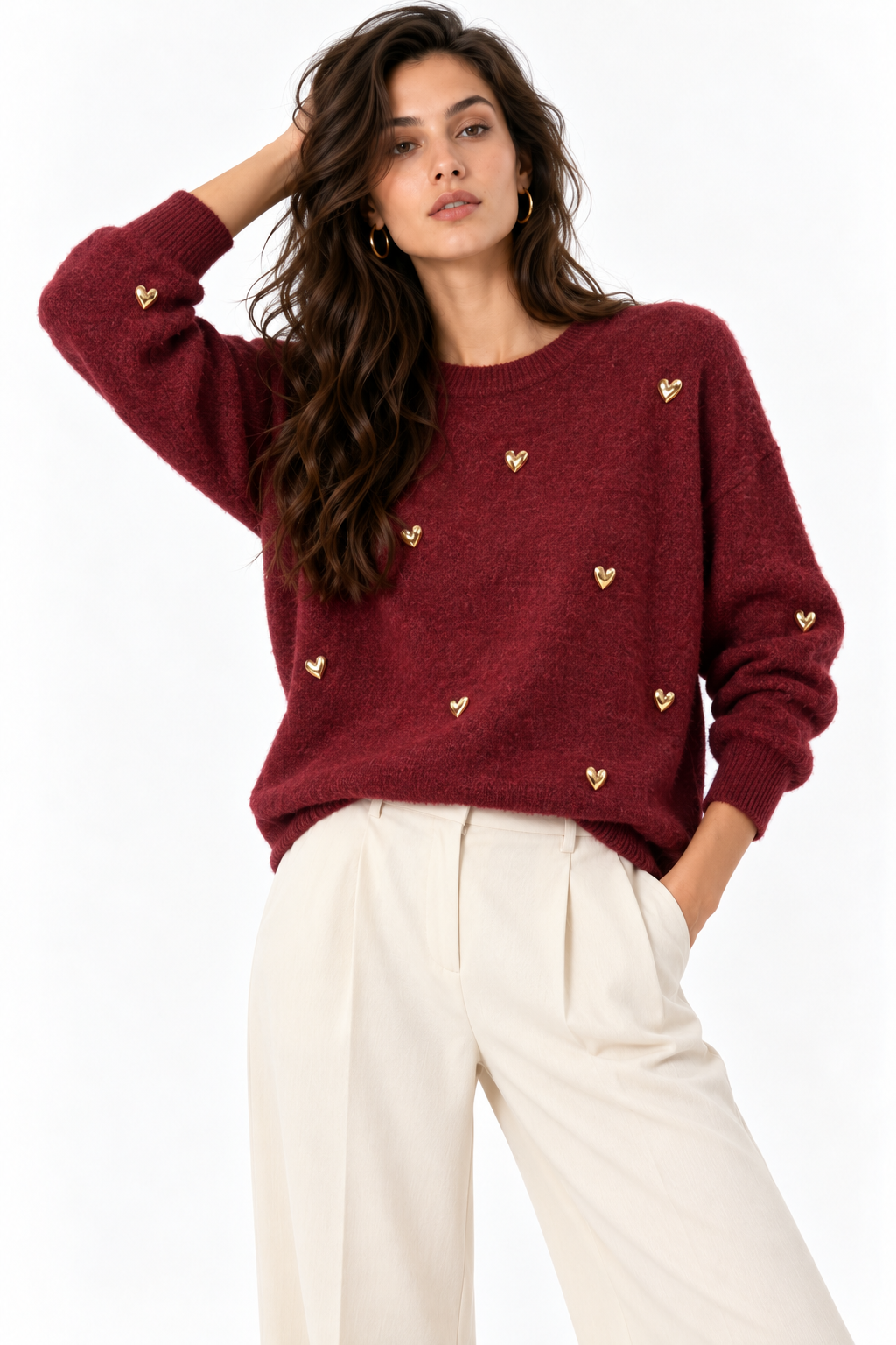 Maglione Girocollo con Cuori Dorati Applicati
